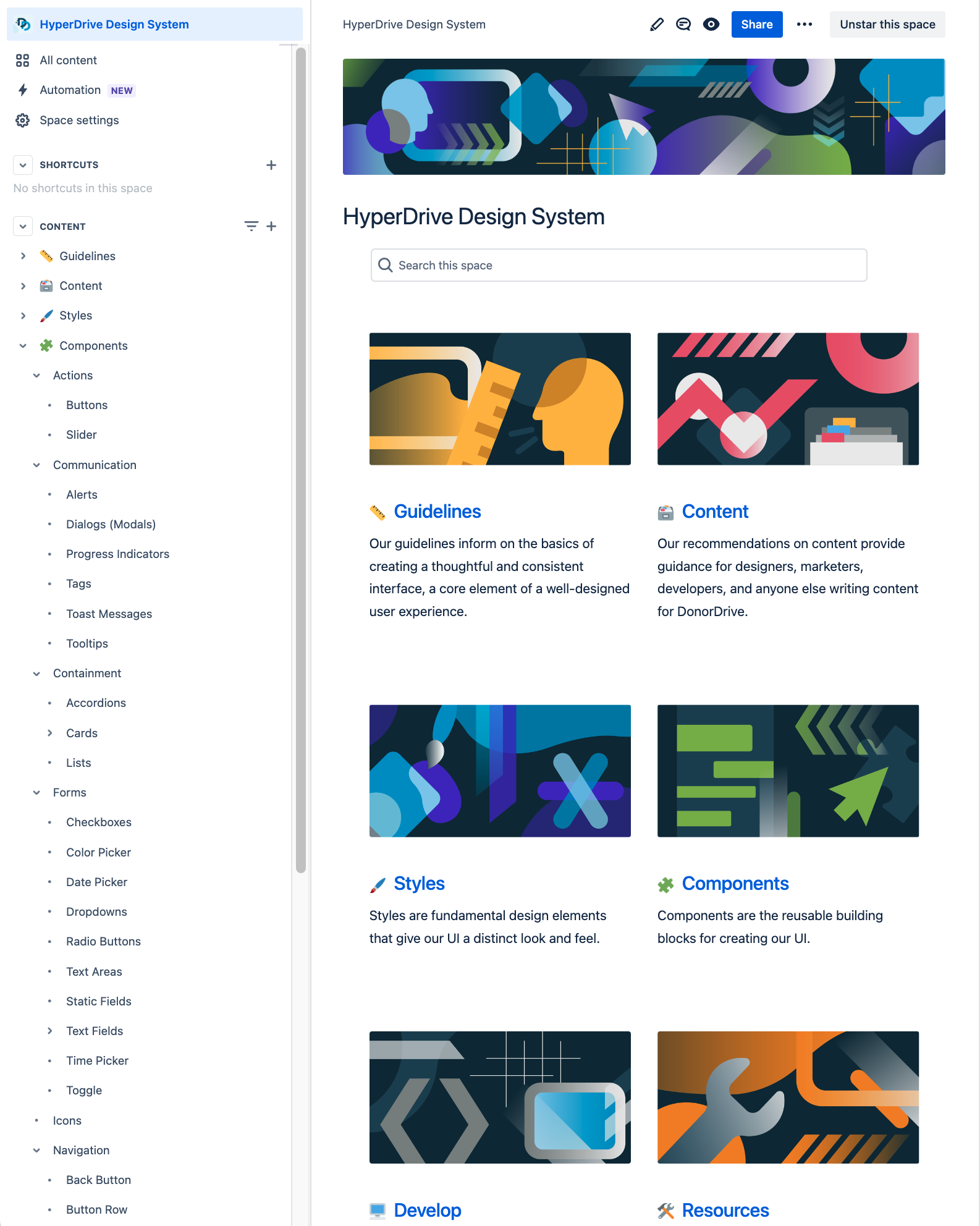 The HyperDrive design system documentation space in DonorDrive's Confluence site.